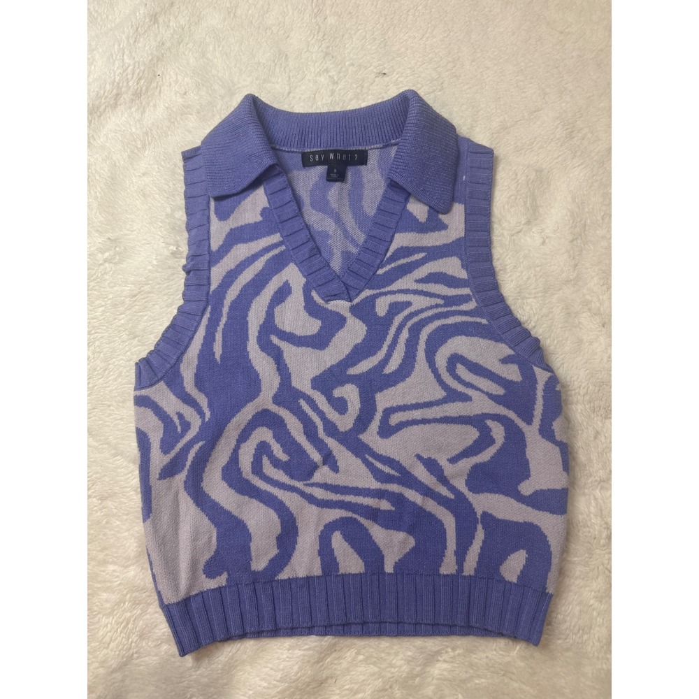 Say What? Sweater Vest Women Purple Good Cropped Swirl Marble Print Collared